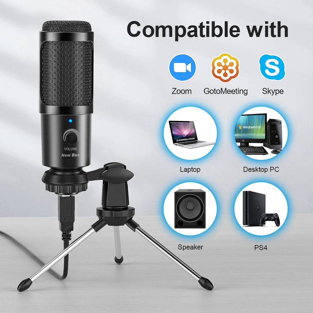 New Bee DM18 USB Microphone Condenser Professional Mic with Shock Mount for Computer Laptop Gaming Streaming Recording Studio