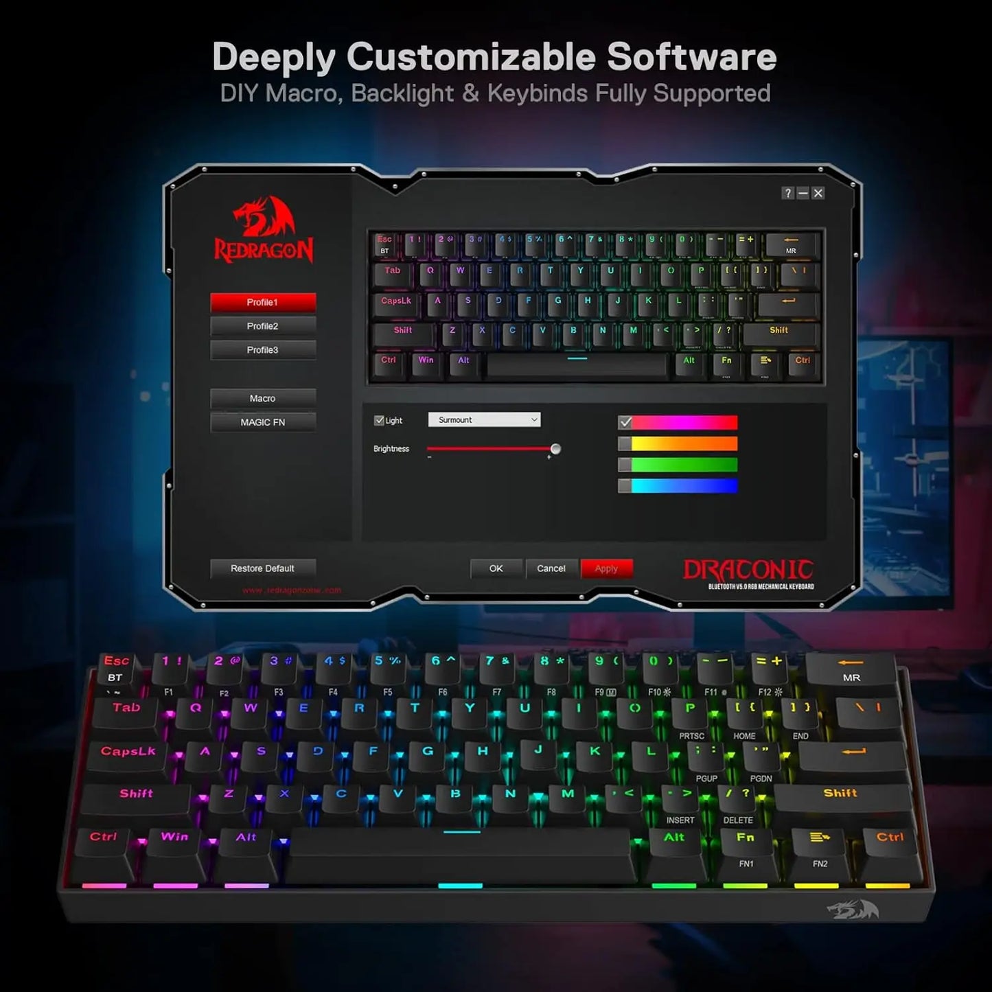 Redragon K530 Pro Draconic 60% Wireless RGB 3-Mode 61 Keys Gaming Hot-Swap Mechanical Keyboard