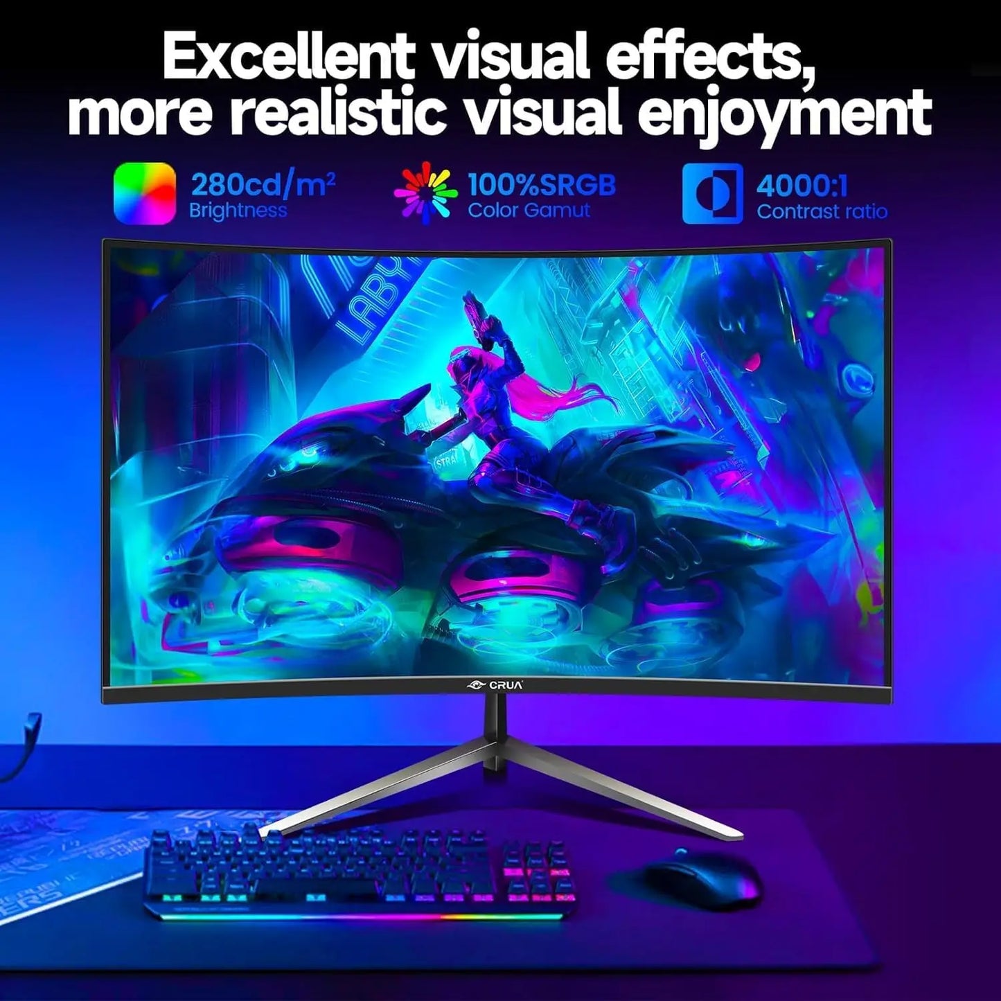 27inch CRUA Curved Gaming Monitor 200Hz, PC Screen Full HD 1080P, Bezel-less 1800R Computer Monitor with FreeSync and EyeCare T