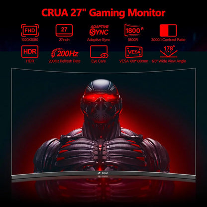 27inch CRUA Curved Gaming Monitor 200Hz, PC Screen Full HD 1080P, Bezel-less 1800R Computer Monitor with FreeSync and EyeCare T