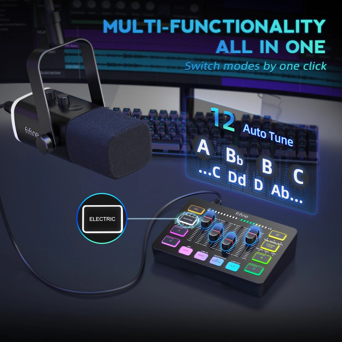 FIFINE All-in-One Podcast Kit with RGB Audio Mixer,Streaming Deck Set with Dynamic Mic for PC Gaming Recording-Ampligame KS5