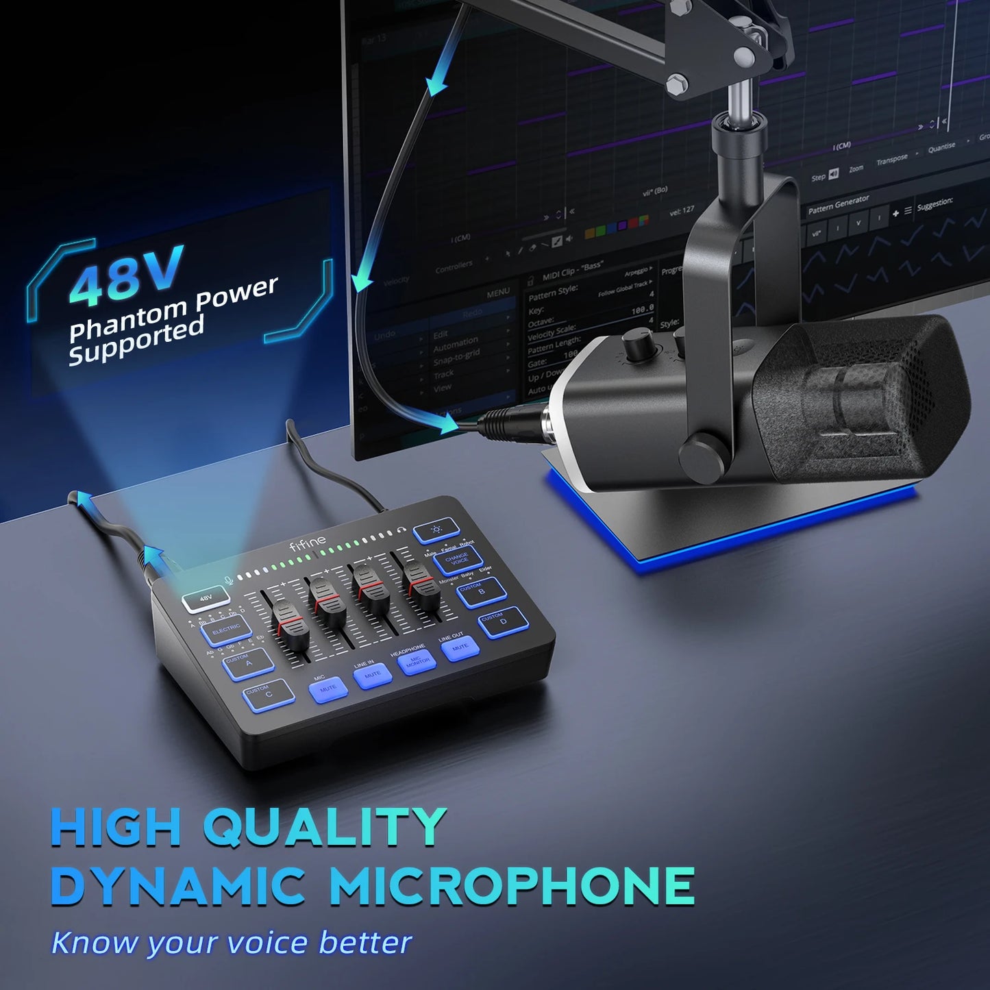 FIFINE All-in-One Podcast Kit with RGB Audio Mixer,Streaming Deck Set with Dynamic Mic for PC Gaming Recording-Ampligame KS5