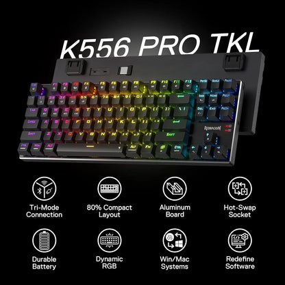 Redragon K556 PRO TKL Wireless RGB Gaming Keyboard 80% 87 Keys BT/2.4Ghz Tri-Mode Hot-Swap Mechanical Keyboard