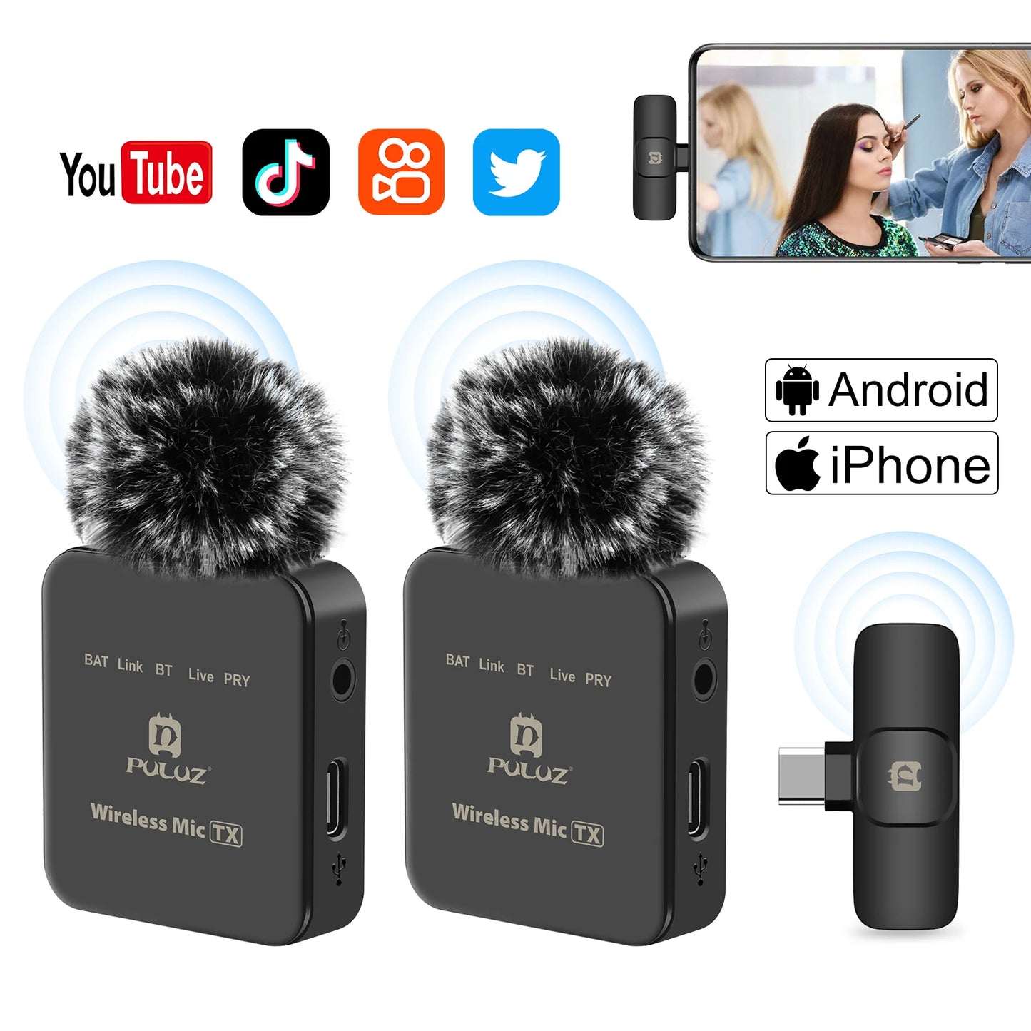 PULUZ Wireless Lavalier Microphone Live Broadcast Gaming Microphone For iPhone Type-C Android Camera Audio Video For YouTube