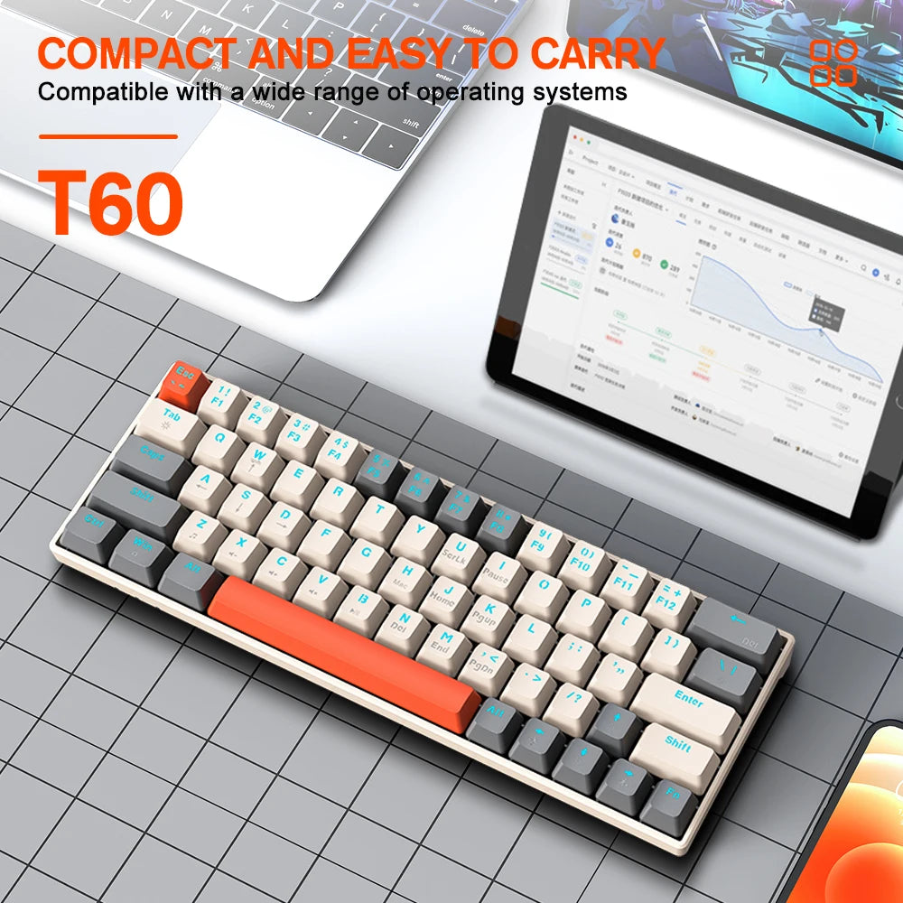 1.6M USB Type-C Wired LED RGB Lighting Ergonomic 63 Keys 60 Percent Mechanical Keyboard