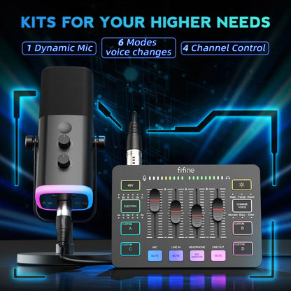 FIFINE All-in-One Podcast Kit with RGB Audio Mixer,Streaming Deck Set with Dynamic Mic for PC Gaming Recording-Ampligame KS5