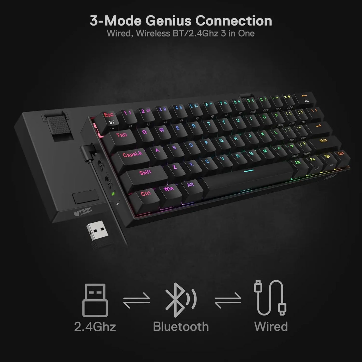 Redragon K530 Pro Draconic 60% Wireless RGB 3-Mode 61 Keys Gaming Hot-Swap Mechanical Keyboard