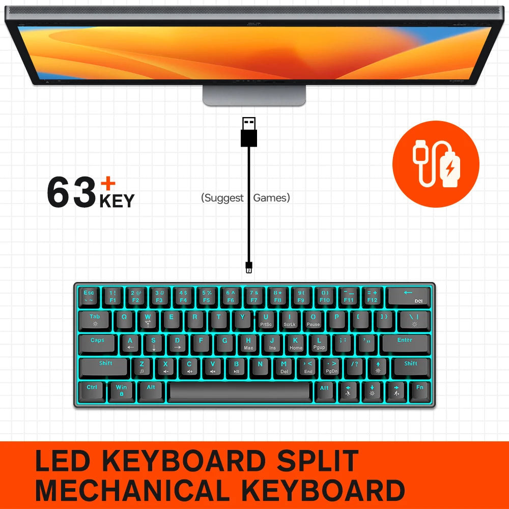 1.6M USB Type-C Wired LED RGB Lighting Ergonomic 63 Keys 60 Percent Mechanical Keyboard