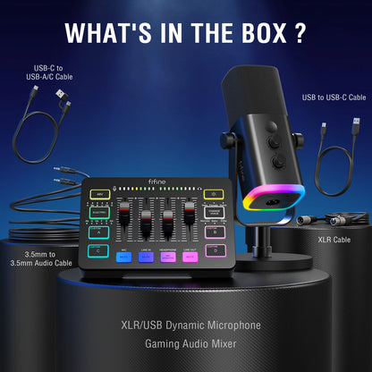 FIFINE All-in-One Podcast Kit with RGB Audio Mixer,Streaming Deck Set with Dynamic Mic for PC Gaming Recording-Ampligame KS5