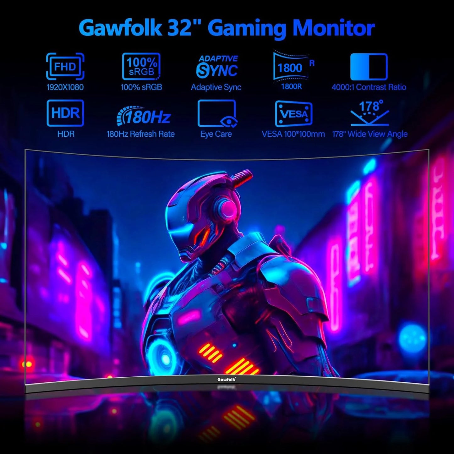 Gawfolk 32 Inch Gaming Monitor Curved 1800R, 180Hz PC Monitor Full HD 1080P, Rahmenloses 1500R Curved