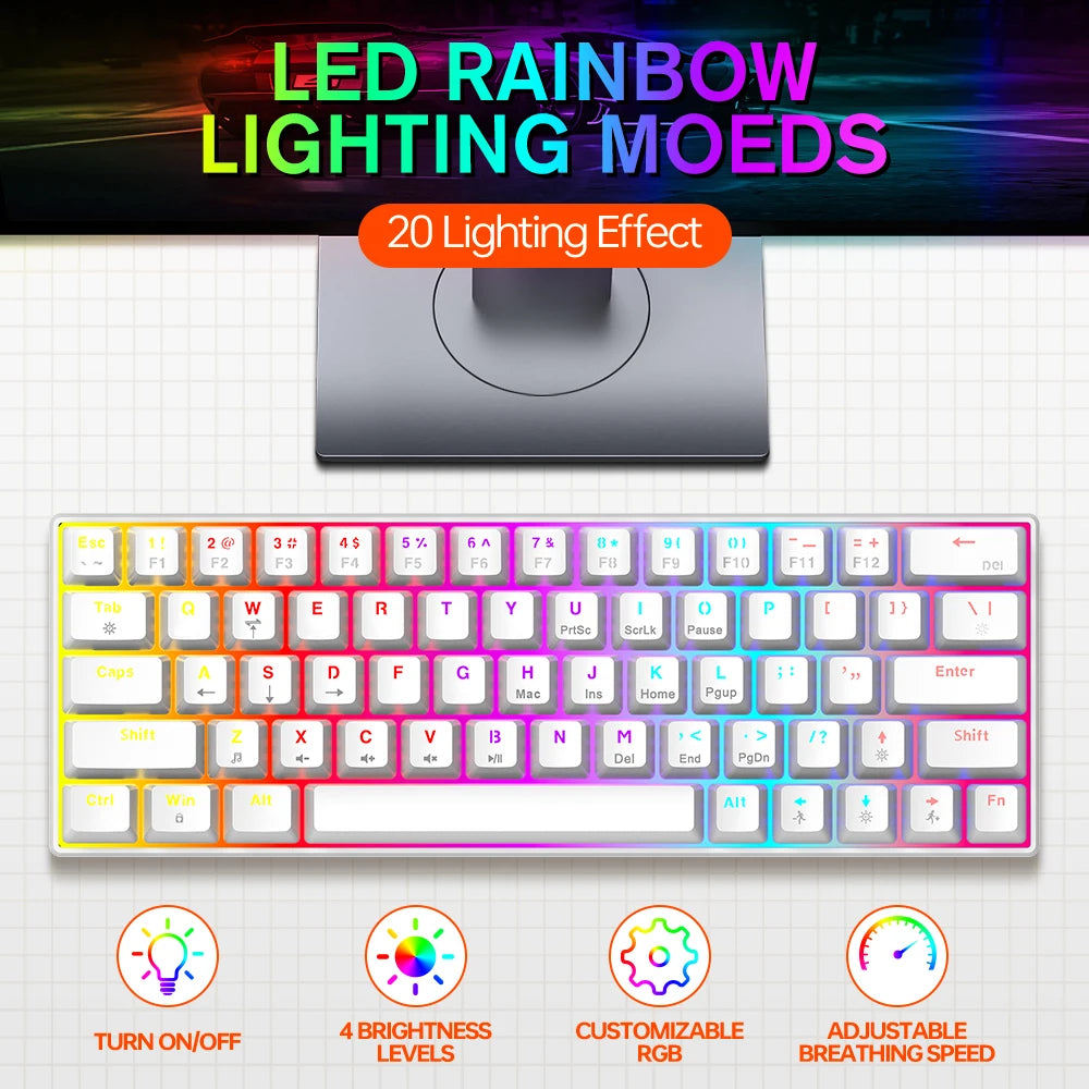 1.6M USB Type-C Wired LED RGB Lighting Ergonomic 63 Keys 60 Percent Mechanical Keyboard