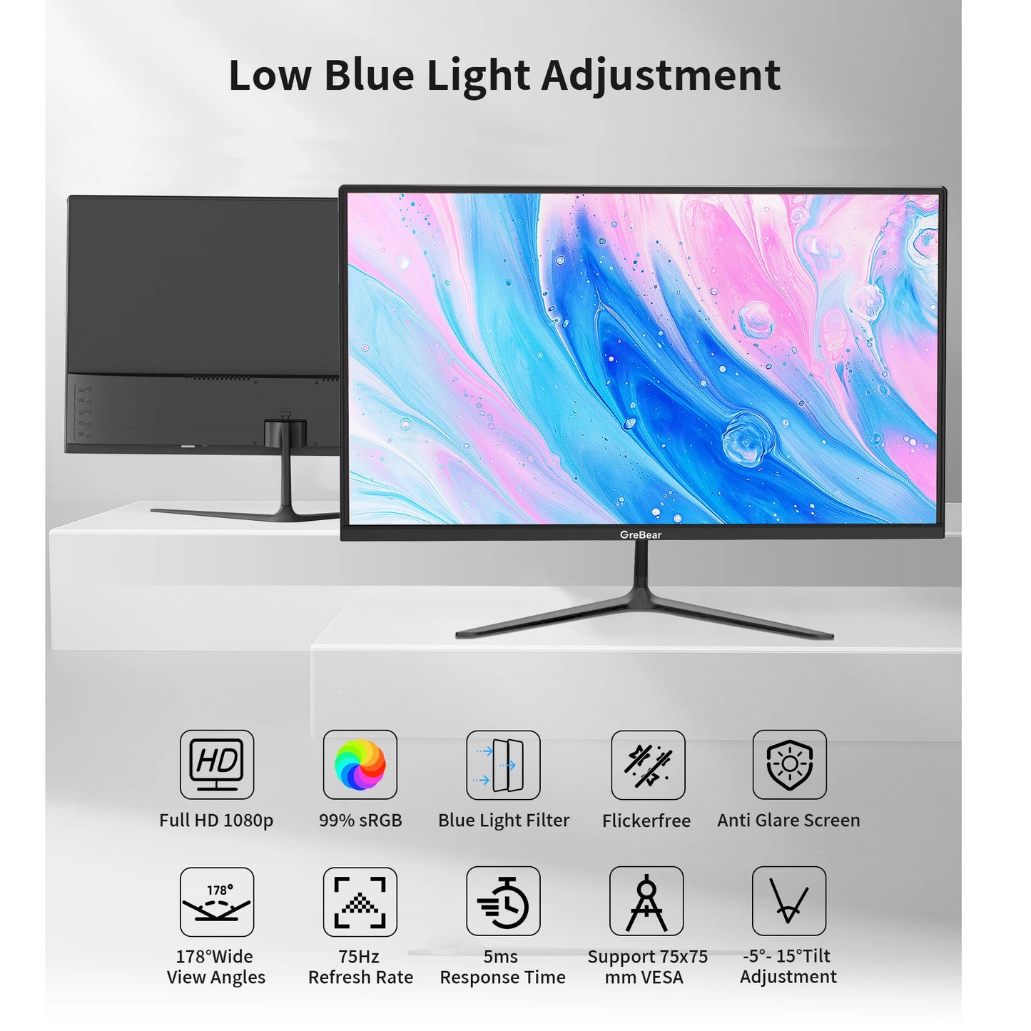 GreBear IPS Computer Monitor 24 Inch, 75HZ FHD 1080p PC Monitor ,5ms(GTG) 99% sRGB,Ultra Slim, LED Low Blue Light An